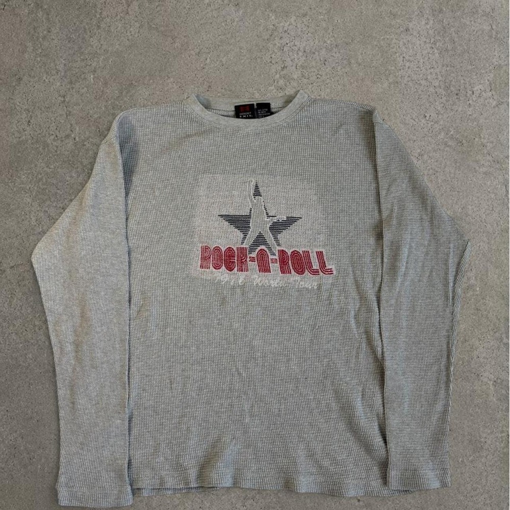 Emergency Exit Rock N Roll Thermal Shirt Grey Long Sleeve Y2K Waffle Knit Small